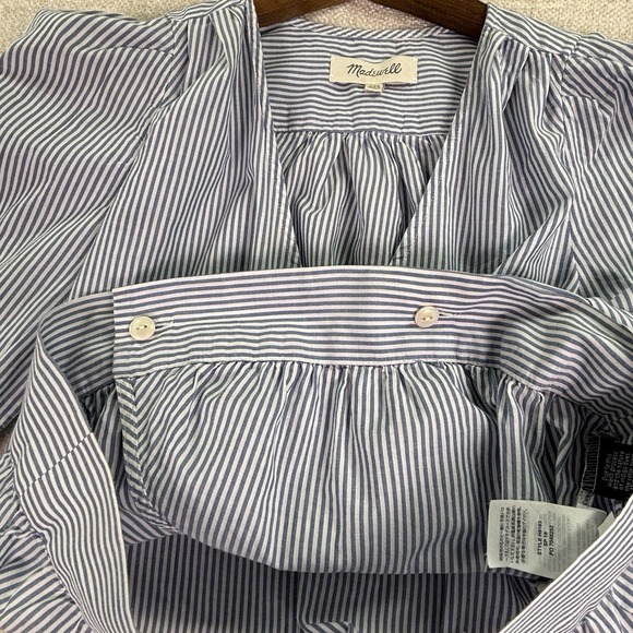 Madewell Women's Top Size XXS Wrap Front Tie Blue White 3/4 Sleeves 100% Cotton - Picture 4 of 8